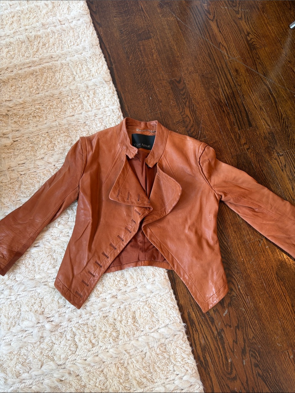 Yigal Azrouel 100% Genuine Leather Rust Brown Leather Cropped Draped Jacket